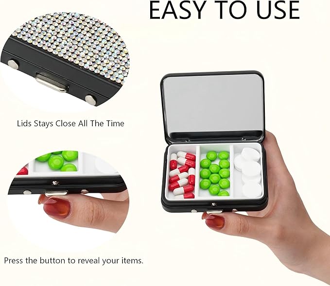 2Pcs Bling Small Pill Case with Mirror 3 Compartment Metal Pill Box for Purse and Pocket,Portable for Daily Vitamins and Medication(Black)