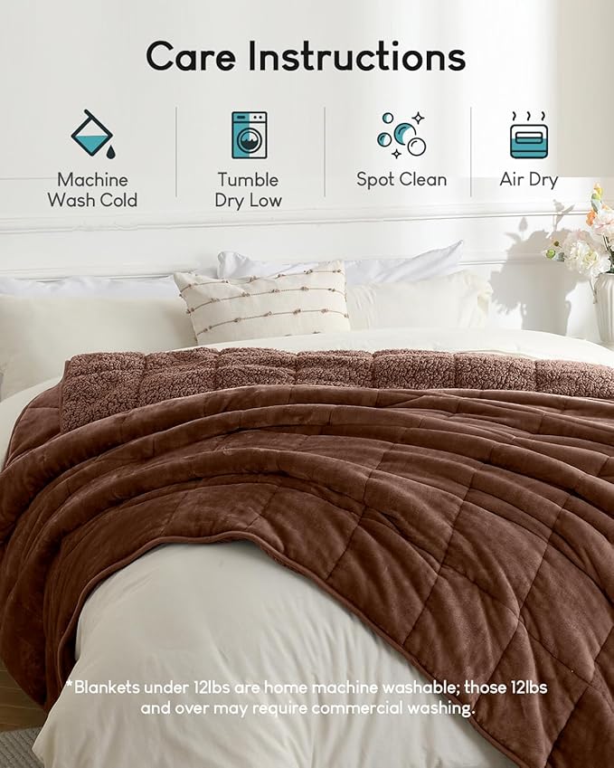 Cottonblue Weighted Blanket for Adults 15 lbs Queen Size 60x80 in, Cozy Flannel Sherpa Fleece Weighted Throw Blankets Comfortable for Calming and Relax, Shaggy Bed Sofa Heavy Blankets, Chocolate Brown