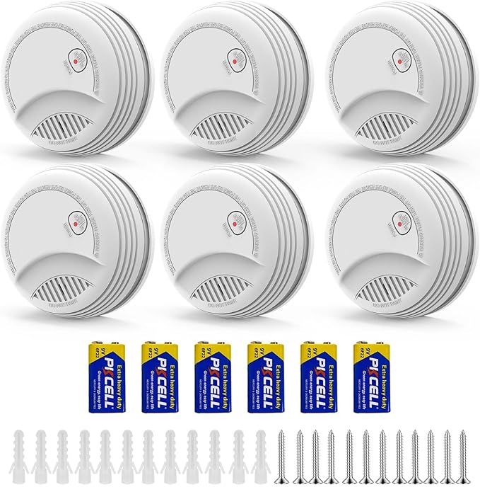 6 Pack Photoelectric Smoke Detector with 9V Battery Included Smoke Alarm, 10-Year Sensor, Test/Silence Button, Low Battery Warning, Easy Mount, Fire Alarm for Home Bedroom Living Room