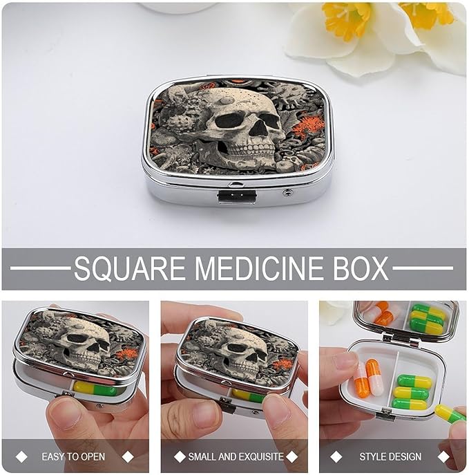 Metal Pill Organizer – 2-Compartment Pocket Pill Box for Vitamins, Supplements, Medications – Compact Travel Case (Mushroom Infestation Skull)