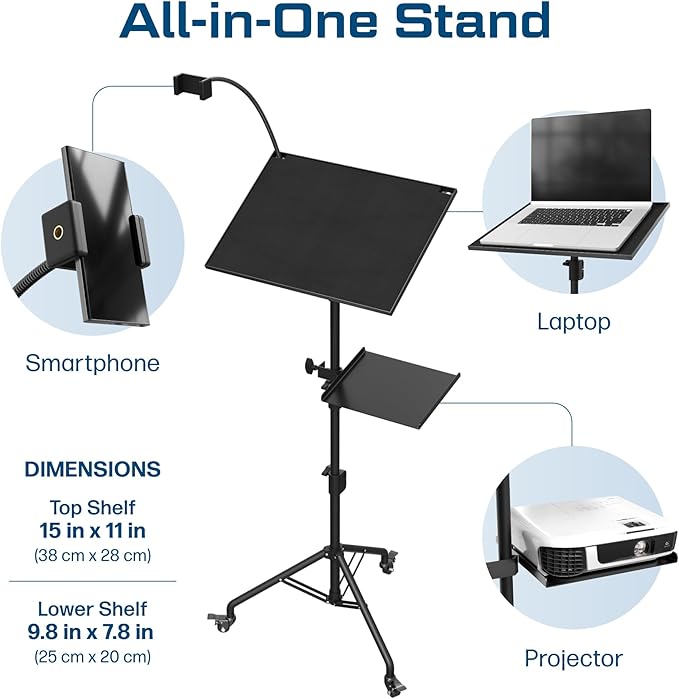 Projector Stand Tripod Laptop Tripod with Wheels & Adjustable Height Portable Podium Stand with Phone Holder Projector Holder for Home, Office, School & DJ Matte Black