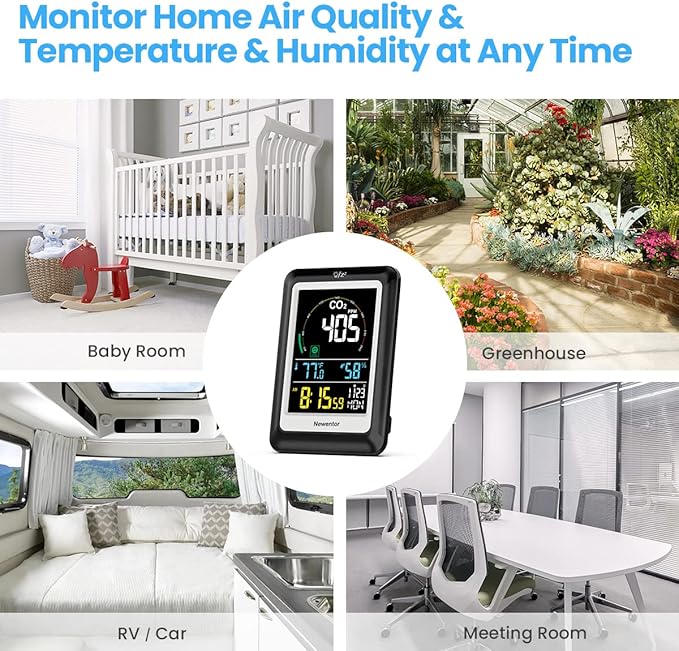 Newentor CO2 Detector with Indoor Temperature Humidity, CO2 Monitor with Clock Alarm, Carbon Dioxide Detector for Home, Portable Air Quality Monitor CO2 Meter Sensor for Tent Garden Plant, Black