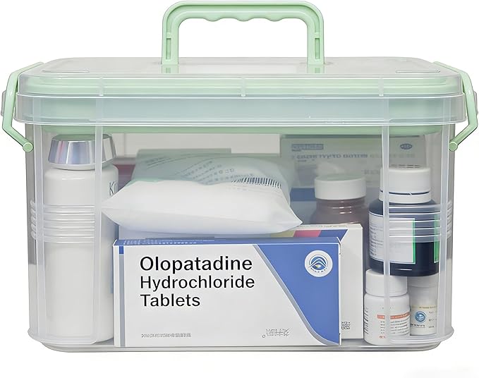 15qt Multi-Color Clear Medicine Organizer Storage Box (with Tray) - Thickened Plastic Empty First Aid Case + Handle | Portable Multipurpose Medical Caddy (Green)