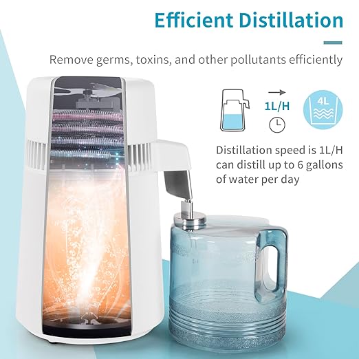 Bonnlo 1.1 Gallon/4L Water Distiller w/BPA-Free Container & All Stainless Steel Interior for Home Use, 750W Countertop Distilled Water Machine Maker Purifier Filter, Distilling Pure Water Maker