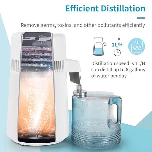 ROVSUN 【Upgraded】 1.1 Gallon/4L Water Distiller Countertop Distilled Water Machine with Flame-Retardant Material, BPA-Free Container & Stainless Steel Interior, 750W Distilled Water Maker Purifier