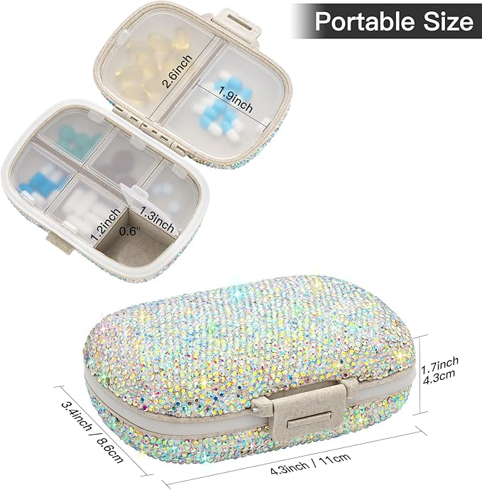 Soleebee Portable 8 Compartments Daily Pill Organizer, Bling Crystal Diamond Pill Box, Small Travel Pill Case, Pill Dispenser, Medicine Container Organizer to Hold Vitamin, Fish Oil (AB)