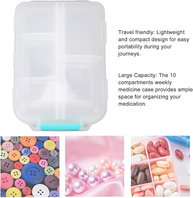 Travel Pill Organizer, Plastic 10 Compartments Pill Case Portable Pill Box Buckle Lock Weekly Portable Pill Holder Container for Purse (White)
