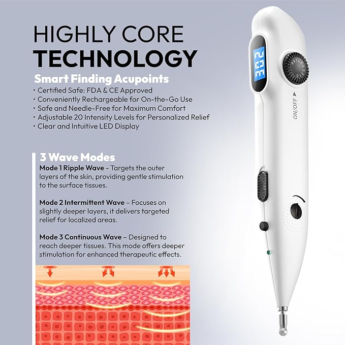 Electronic Acupuncture Meridian Pen - Electric Energy Acupoints Finder Stimulator Device with Adjustable Intensity - Rechargeable Digital Muscle Acupressure Point Massage Therapy Tool