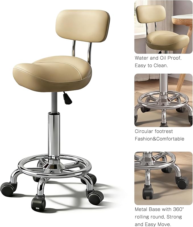 Saddle Stool with Ring Pedal and Back, Adjustable Hydraulic Rolling Chair with Wheels for Medical, Massage, Salon, Spa, Kitchen, and Drafting Use
