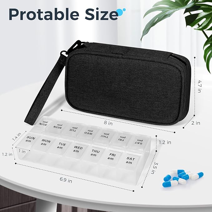 Weekly Pill Organizer 2 Times a Day, Travel Pill Box 7 Day with Large Opening, Pill Case with Handle, Pill Dispenser Medicine Organizer for Vitamins, Fish Oils, Medications, Supplements(Black, Large)
