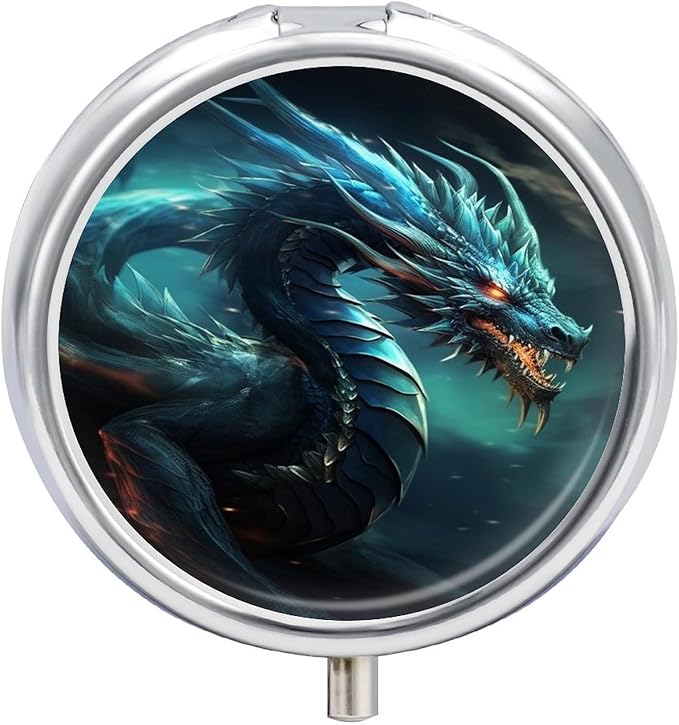 Dragon Pill Box 3 Compartment Small Pill Case Portable Pill Box for Pocket Or Purse Round Metal Pill Box Cute Medicine Organizer Holder to Hold Vitamins Medication