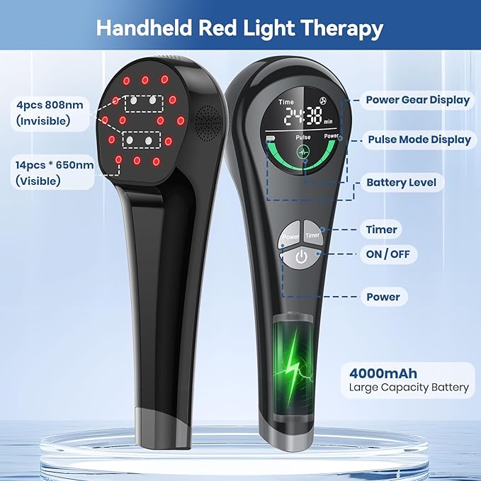 Handheld Red Light Therapy with Stand-Near Infrared Light Therapy Device, Cold Therapy Device Pain Relief for Joints & Muscles (4 x 808nm + 14 x 650nm)