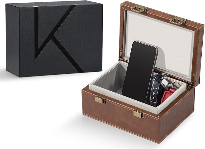 KK6 PLUS-BR Faraday Key Fob Protector Box, RFID Signal Blocking Shielding Box for Car Keys, Anti-Theft Vintage Faraday Cage with High-Grade Protein Leather, Brown - Size: L