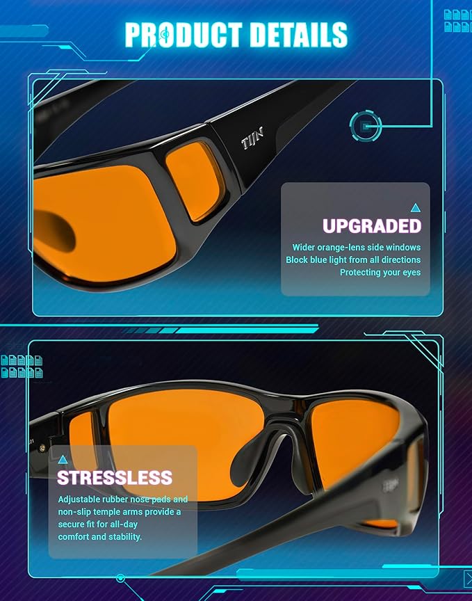 TIJN Sonia Red Sleep Glasses Orange Lens for Blue & Green Light Blocking,Dual AR Coating,Wraparound Frame for Gaming Screen