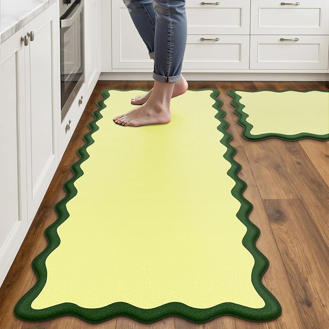 Scalloped Kitchen Mats Rugs Sets of 2 Cushioned Anti Fatigue Floor Mat Waterproof Kitchen Rugs Non Slip Foam Comfort Standing Mat for Sink Laundry, Green