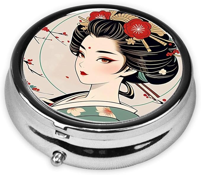 ZhongGuo Retro Japanese Geisha Printed Pill Organizer,Round Travel Pill Organizer Mini Medicine Pill Box for Purse Iron Plating