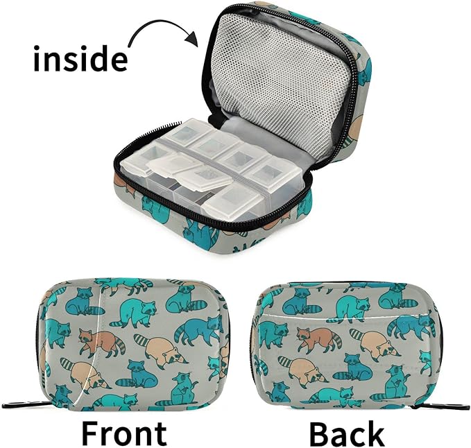 Ollabaky Raccoon Pill Organizer 7 Day Pill Case Travel Pill Organizer Bag Pill Box Portable Weekly Case with Zipper Compact Size for Vitamin Supplement Holder