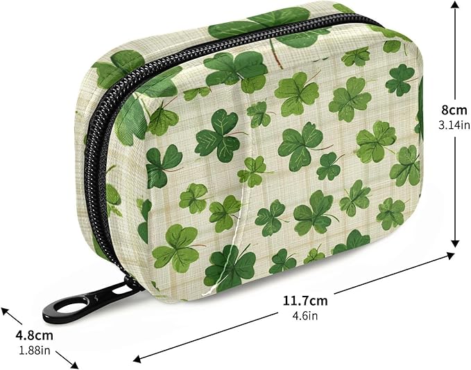 Beige Checkered Clovers Travel Pill Organizer Case Box Container Weekly Portable Vitamin Medicine Holder Storage Bag with Zipper Removable
