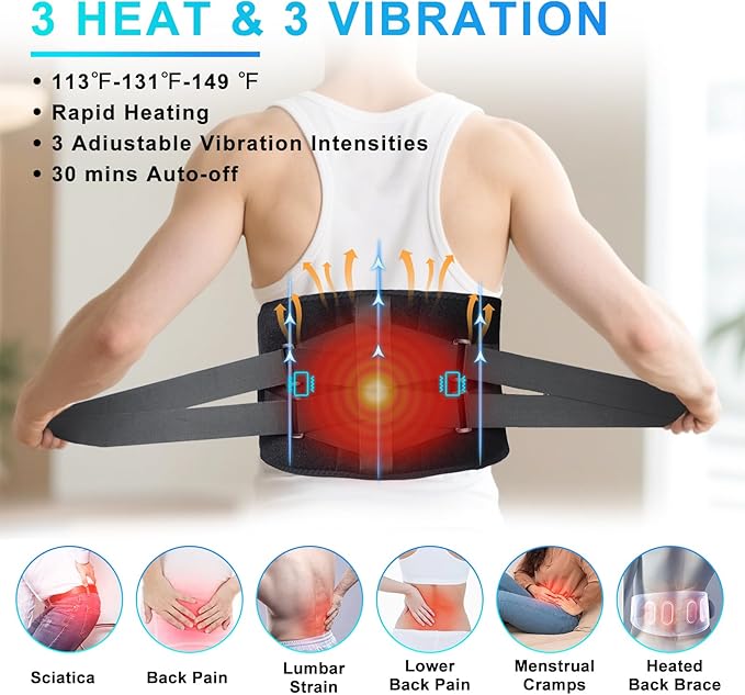 Heating Pad for Back - Lower Back Massager with 3 Heat 3 Vibration, 10000mAh Portable Heating Pad for Back, 30 mins Auto-Off, Black