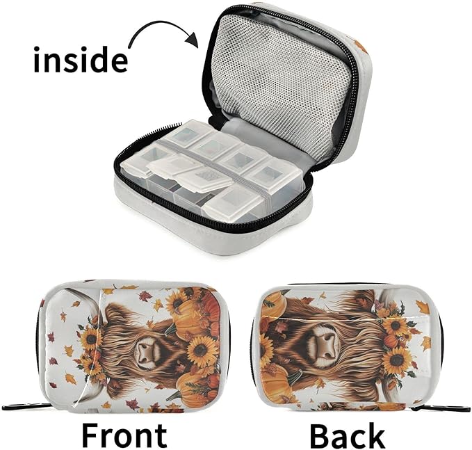 Fustylead Highland Cow Sunflowers Pumpkins and Falling Leaves Travel Pill Organizer Case Zipper for Purse with Removable Weekly Pill Box for Medicine, Vitamin, Supplement Medicine Organizer