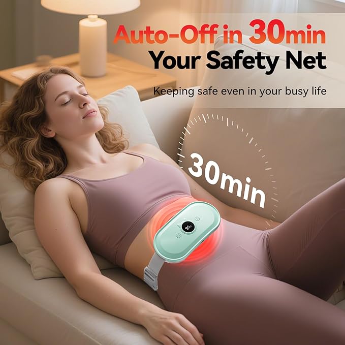 Portable Heating Pad for Period Cramps Relief Vibrating Menstrual Heating Belt for Women, 5000mAh with 7 Heat Levels and 7 Modes for Menstrual, Pain Relief for Back & Stomach - Green