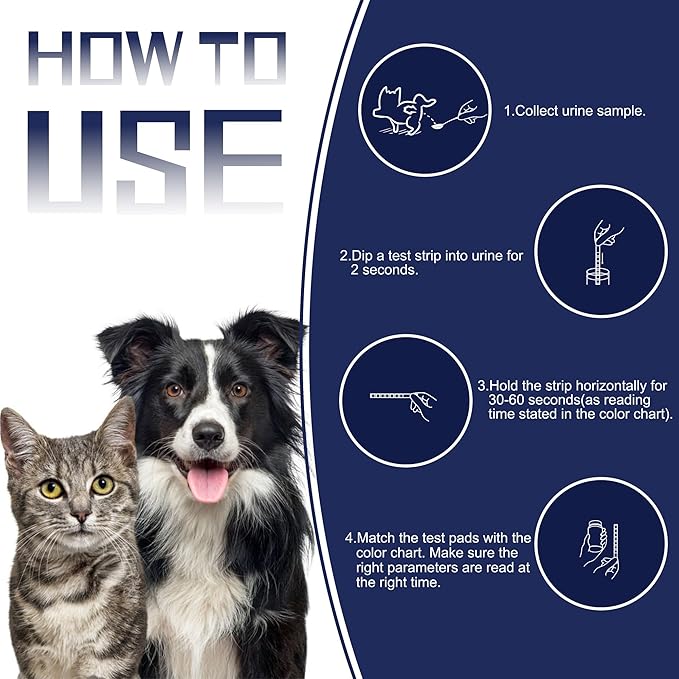 10-in-1 Cat & Dog Urine Test Strips, Cat & Dog UTI Test Kit, Pet Urinalysis Reagent Strips Diabetes, Glucose, Nitrite, Specific Gravity, pH, Protein, Leukocytes & More (60 Strips)
