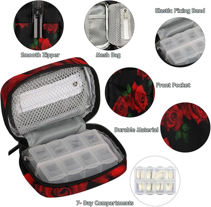 Pill Case Pill Travel Organizer Fresh Rose Flower 7 Day Weekly Medicine Pill Box Small Cute Compact Size Vitamin Container Pill Bottle Portable Birth Control Pill Holder Bag