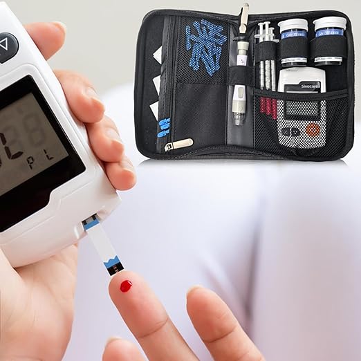 Glucose Monitor Case with Handle, Most Comprehensive Compact Glucose Meter Case fit Glucose Meter/Insulin Pen/Insulin Vial/Lancing Device/Test Strips/Needles/Syringe (Black)