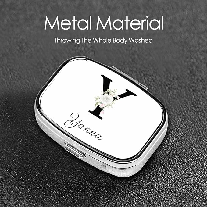 Custom Pill Box Personalized Square Small Pill Case with Mirror Add Your Photo Text Logo Name Decorative 2 Compartment Portable Metal Medicine Container Vitamin Organizer for Pocket Purse Travel (Y)