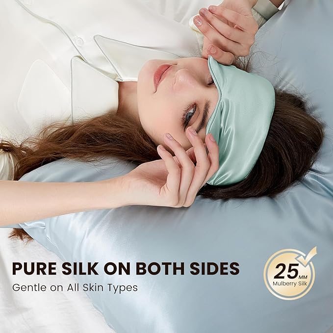 THXSILK Sleep Mask 100% 25 Momme Pure Mulberry Silk Super Smooth Cooling Sleep Eye Mask Blackout for Women/Man/Kids, Eye Cover with Wide Head Strap for Good Night Sleep, Light Blue