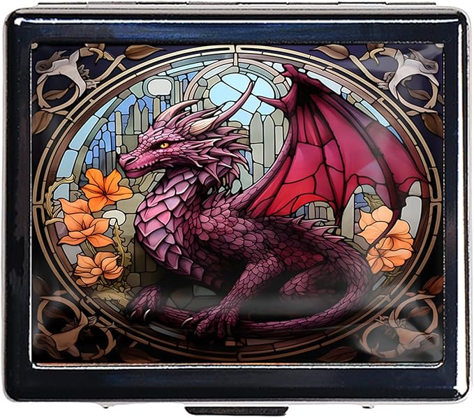 7 Days Chromed Shiny Silver Pill Organizer with Mirror Inside Has 8 Separate Compartments Rectangle 7 Days Pill Box Pill Case (Dragon Stained Glass)