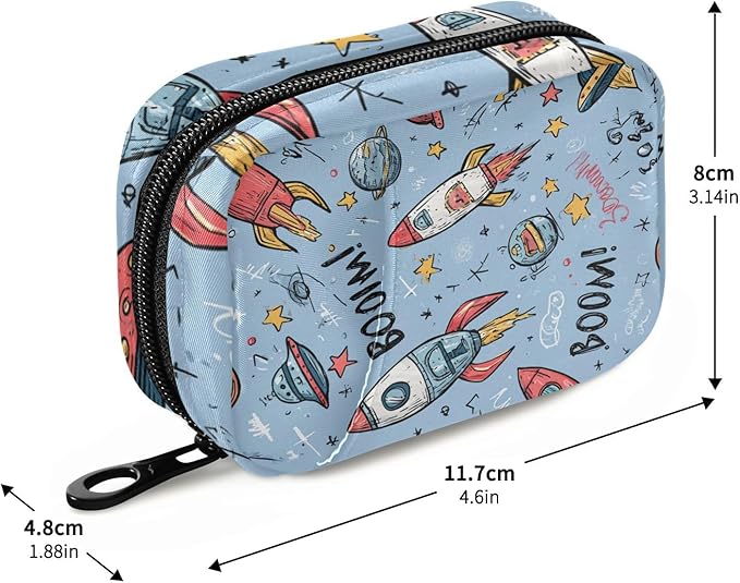Light Blue Doodle Boom Space Rockets Stars Travel Pill Organizer Case Box Container Weekly Portable Vitamin Medicine Holder Storage Bag with Zipper Removable