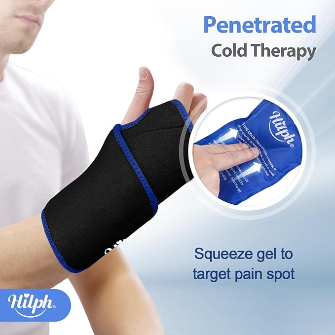 Hilph Wrist Ice Pack Wrap, Reusable Wrist Brace with 2 Gel Hot Cold Compression Packs for Injuries, Hand Ice Pack for Carpal Tunnel, Rheumatoid, Tendonitis, Swelling, Black
