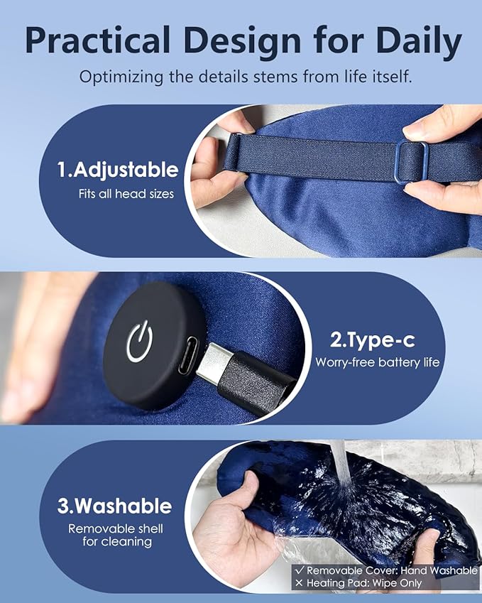 Heated Eye Mask for Dry Eyes, Rechargeable Warm Eye Compress with Adjustable Heat, Auto Shut-Off, Washable Cover Blue