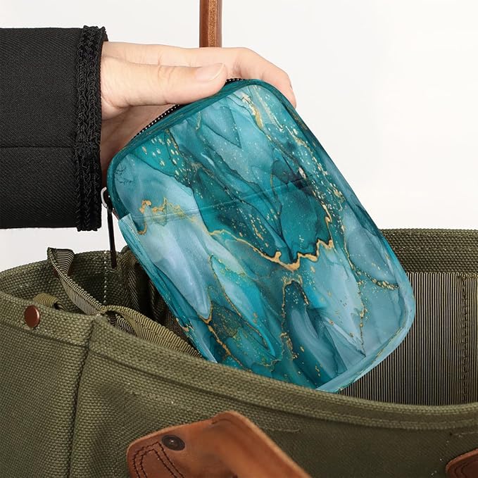 Abstract Teal Ink Marble Travel Pill Organizer Box Weekly Portable Pill Case Daily Pills 7 Day Small Birth Control Pills Container Removable Compartments for Medicine Vitamins Fish Oil