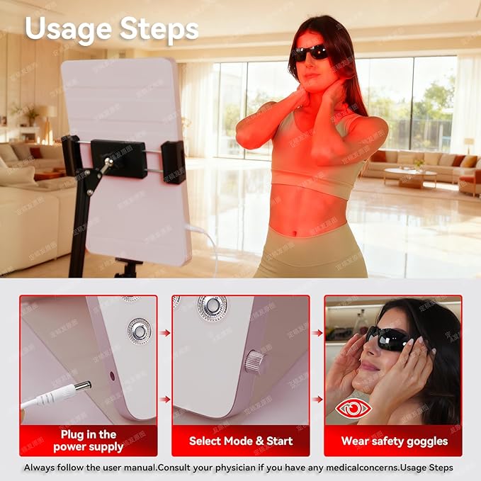 Red Light Therapy Panel for Face & Body - Portable 195 LED 4-in-1 Multi-Wave (415/590/660/850nm) Near Infrared Red Light Therapy Device with Protective Goggles, 10 Phototherapy Modes, Pink