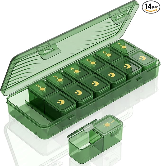 Lifewit Weekly Pill Organizer 2 Times a Day, Portable Travel 7 Day Lightproof Pill Box for Medicines/Vitamin/Fish Oils, Daily Pill Case, Green