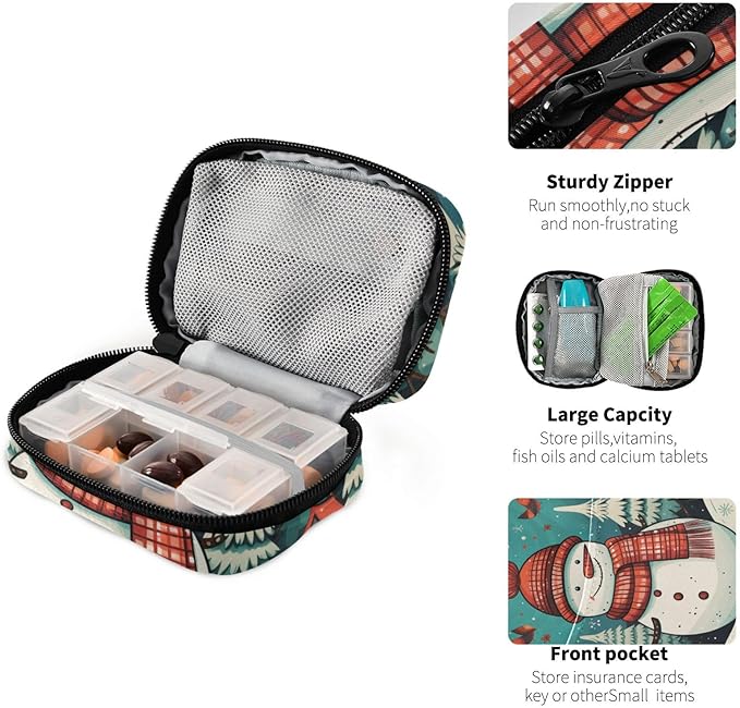 Christmas Snowman Blue Travel Pill Organizer Case Box Container Weekly Portable Vitamin Medicine Holder Storage Bag with Zipper Removable