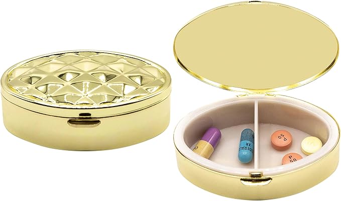 Set of 2 Oval-Shaped Pocket Purse Pill Box & Organizer with Dual Compartments (Gold Texture)