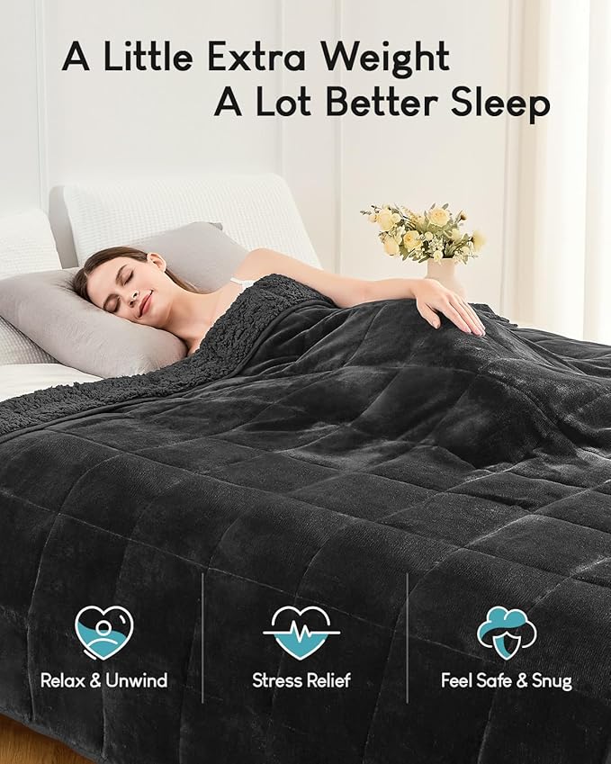 Cottonblue Weighted Blanket 15lbs for Queen Bed - Ultra Soft, Cozy Comfort Sherpa Blanket for Relax and Sleep, Heavy Bed Blankets with Cemaric Beads, 60x80 Inches,Black