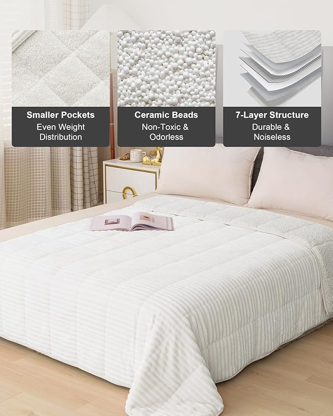 Sherpa Fleece Adult Weighted Blanket with Ribbed Stripes, 15 Pounds Dual Sided Soft Plush Blanket for Couch Bed Sofa, Heavy Thick Blankets with Ceramic Beads Great for Sleep, White, 48" x 72"