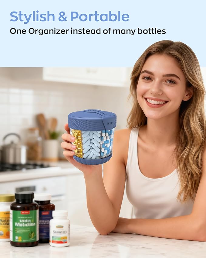 Cute Pill Dispenser with 7 Large Compartments, Portable Pill Bottle Organizer with Wide Opening for Travel, Anti-Mixing Pill Container, Shatterproof BPA-Free, Includes 20 Pcs Labels, Blue