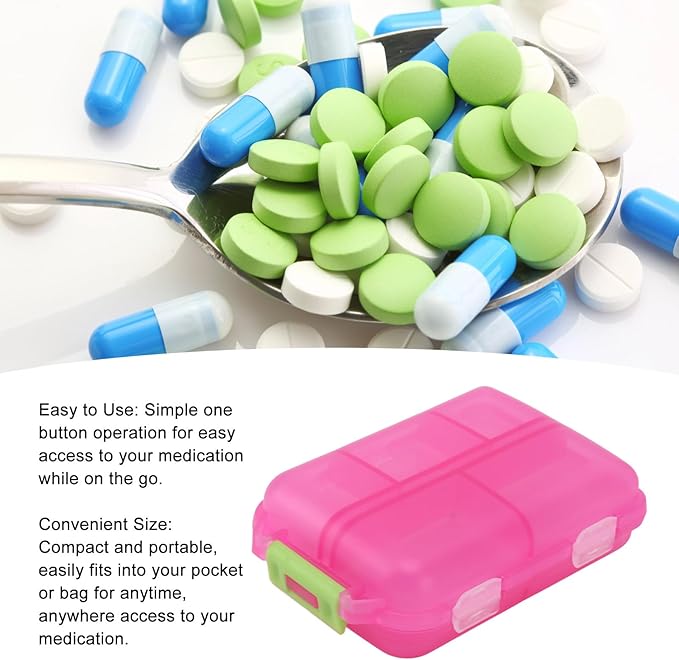 Travel Pill Organizer, Plastic 10 Compartments Pill Case Portable Pill Box Buckle Lock Weekly Portable Pill Holder Container for Purse (Rose Red)