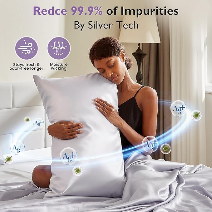 Silver Infused Bed Sheets, Cooling Sheets 3X Self-Cleaning with Mulberry Silk & Viscose Derived from Bamboo, Natural & Anti-Odor, Hypoallergenic Bedding For Hot Sleepers & Sensitive Skin - CK Set