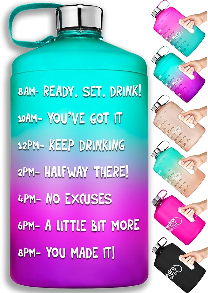 NatureWorks HydroMATE 1/2 Gallon Water Bottle with Times to Drink BPA Free Leak Proof Reusable Jug with Handle 64 oz