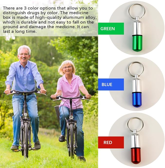 3Pcs Keychain Pill Case Portable Metal Medication Holder Aspirin Container Waterproof Mini Pill Box for Travel Outdoor (Red,Blue,Green)