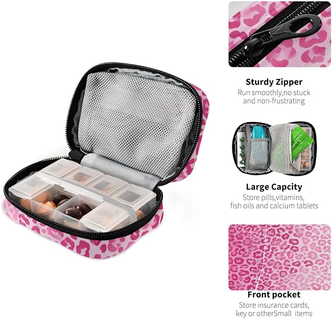 Gradient Pink Leopard Print Travel Pill Organizer Case Box Container Weekly Portable Vitamin Medicine Holder Storage Bag with Zipper Removable