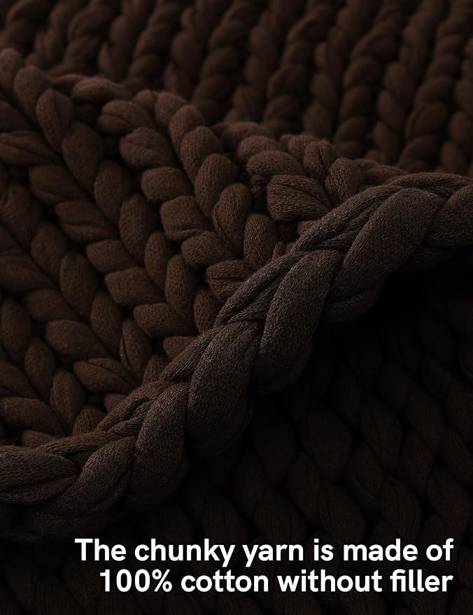 YnM Cotton Weighted Blanket, Handmade Chunky Knitted Design, Soft and Cozy, Temperature Regulating and Breathable, Machine Washable Throw for Sleep or Home Decor (Chocolate Brown, 48x72 Inch, 20lbs)
