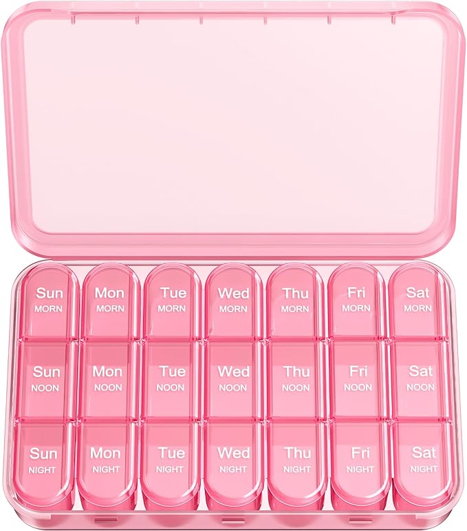 Daviky Pill Organizer 3X a Day, Weekly Pill Box 7 Day, Travel Pill Case with Large Containers, 3 Times Medcine Organizer for Vitamins, Medication, Supplements and Fish Oils (Pink)