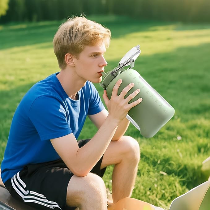 Large Glass Water Bottles with Stainless Steel Handle,100 oz Gallon Drinking Bottle with 2-in-1 Straw Lid,3 Liter Glass Water Jug with Silicone Sleeve,Wide Mouth,Light Green
